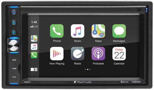 Planet Audio P62CP Double-DIN MECH-LESS Multimedia Player | 6.2" Touchscreen | Wired Apple CarPlay | Bluetooth | No CD/DVD