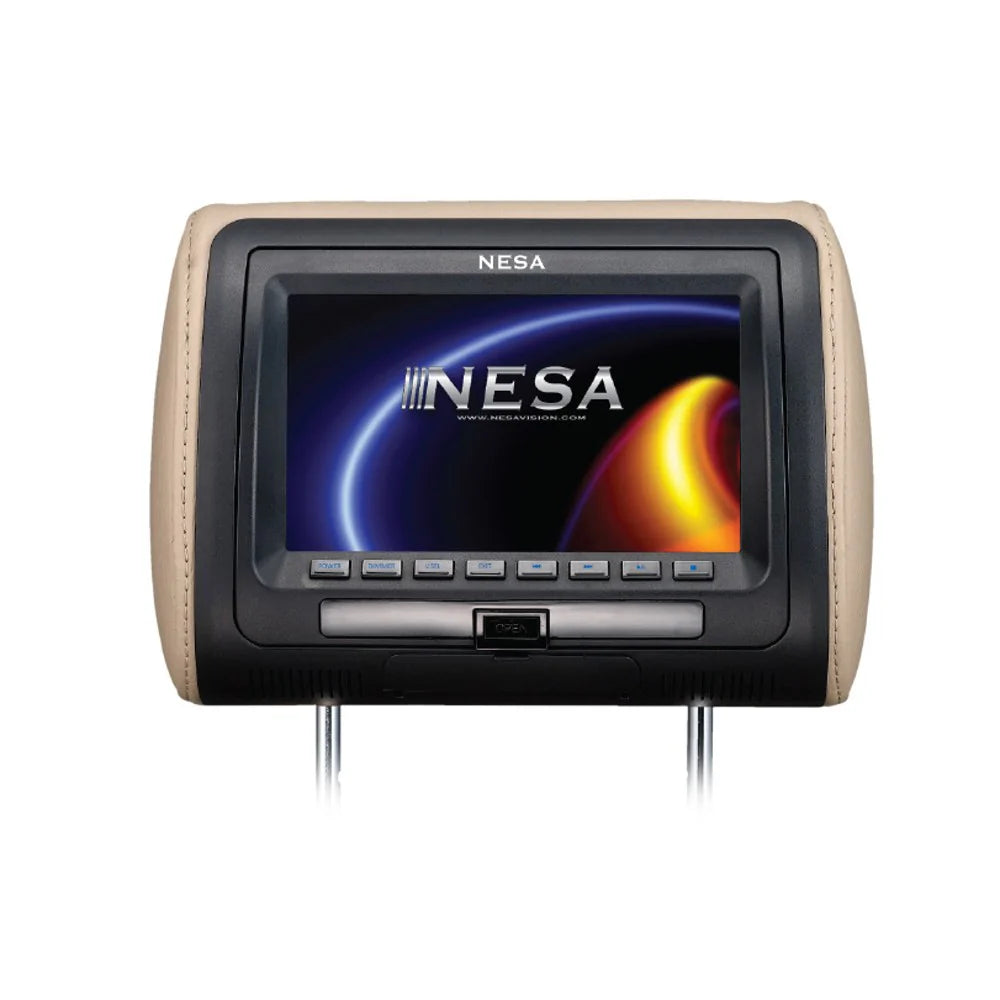 Monitor universal preinstalado para reposacabezas NESA NPM-779DV-7" con reproductor de DVD combinado incorporado (3 fundas intercambiables para reposacabezas en beige, negro y gris)