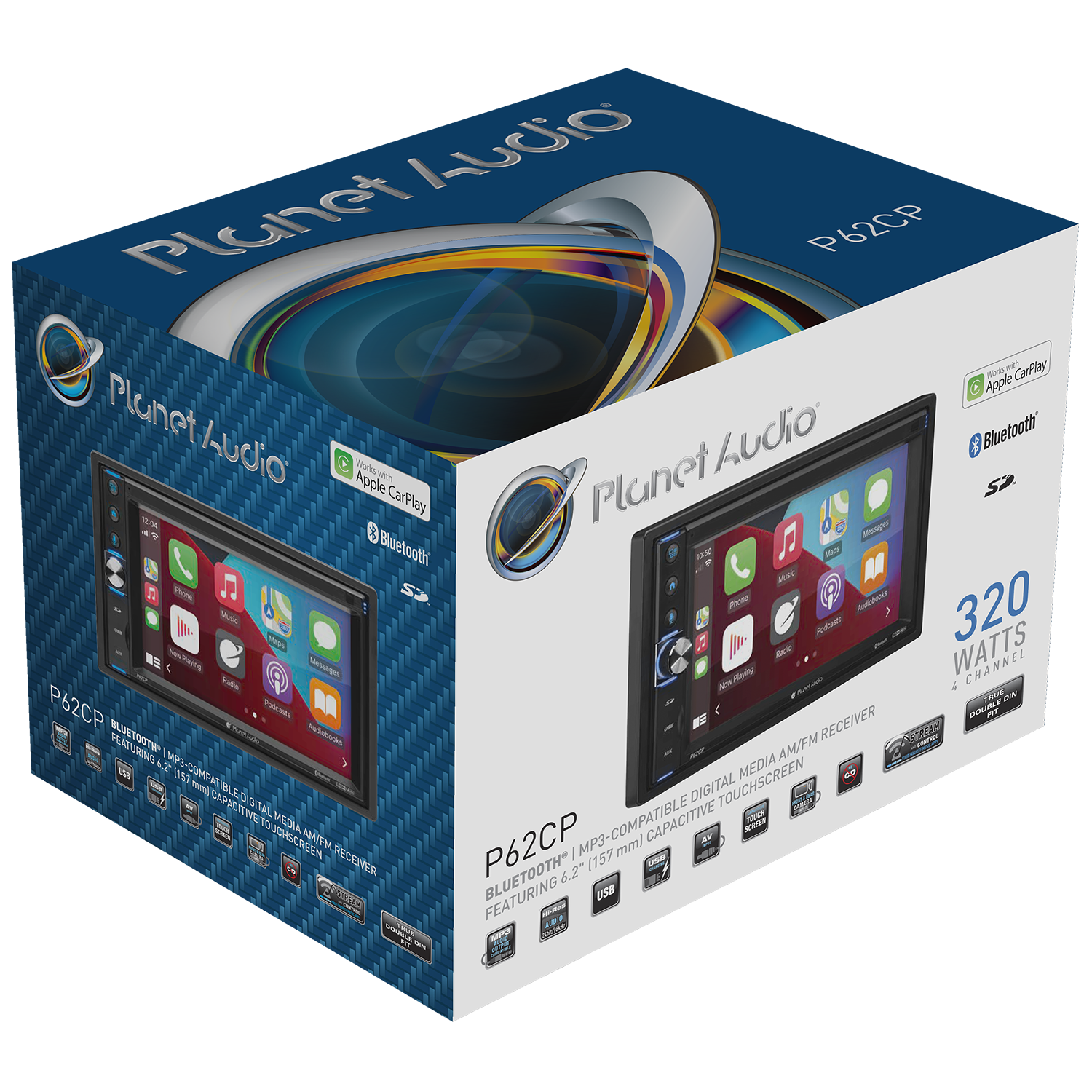 Planet Audio P62CP Double-DIN MECH-LESS Multimedia Player | 6.2" Touchscreen | Wired Apple CarPlay | Bluetooth | No CD/DVD